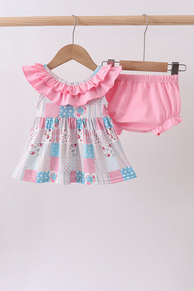 Pink patchwork floral ruffle bloomer set