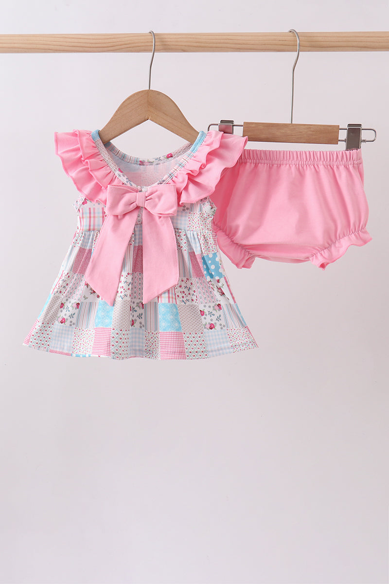 Pink patchwork floral ruffle bloomer set