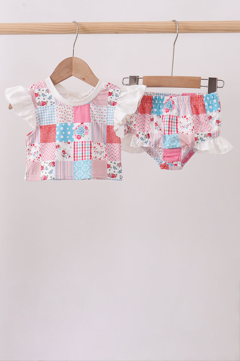 Pink floral patchwork ruffle 2pc swimsuit
