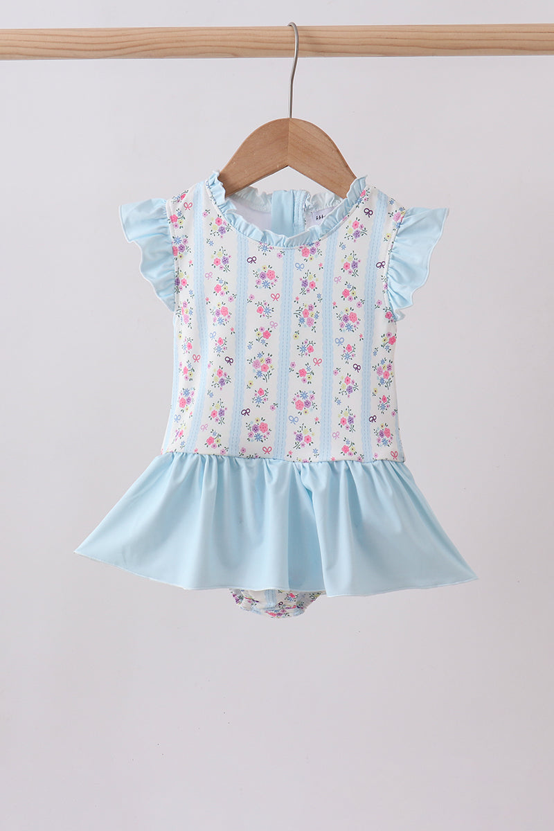 Blue floral ruffle one-piece swimsuit