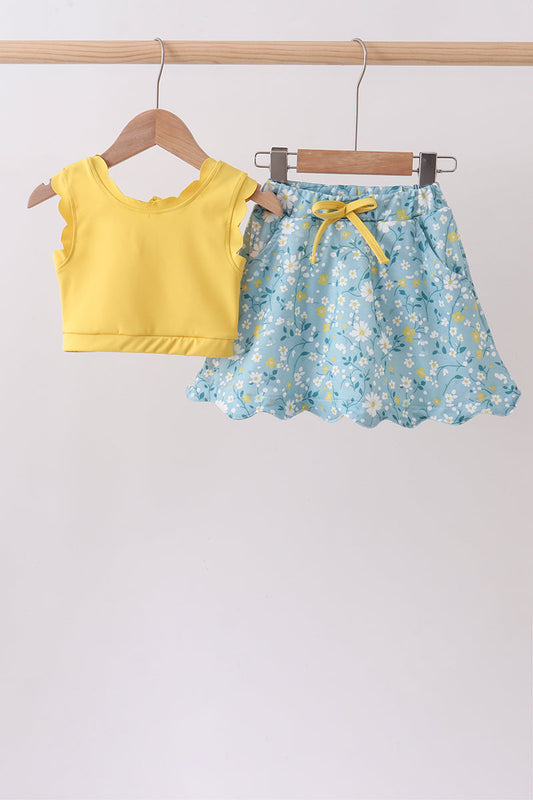 Mustard&green floral bow skorts set