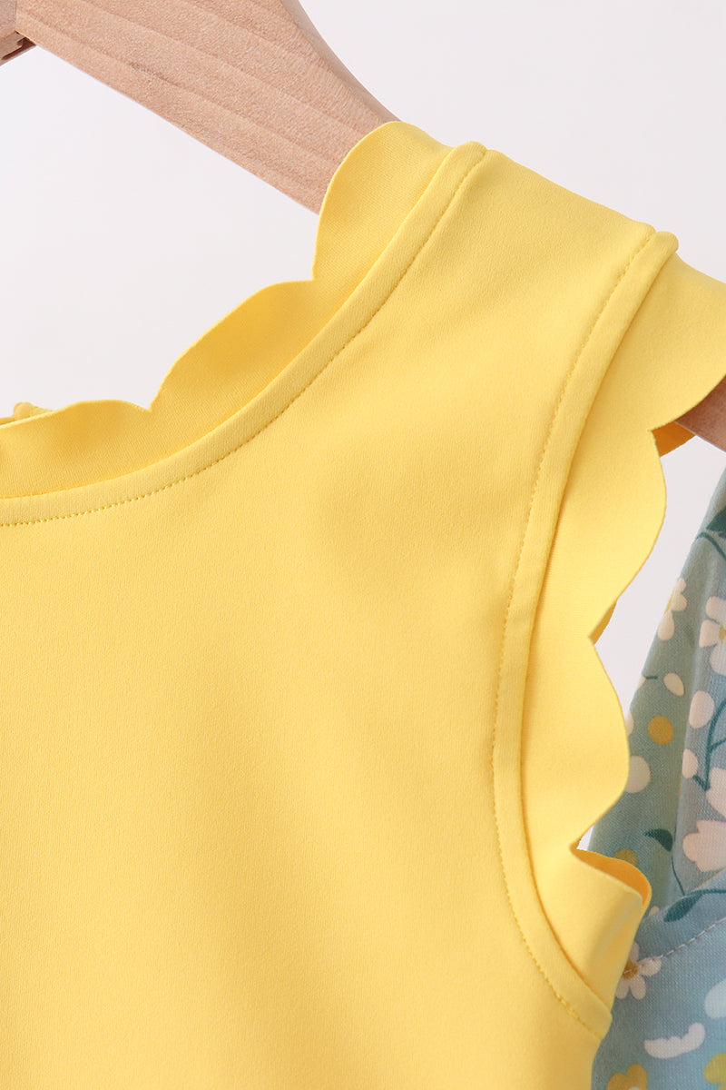 Mustard&green floral bow skorts set