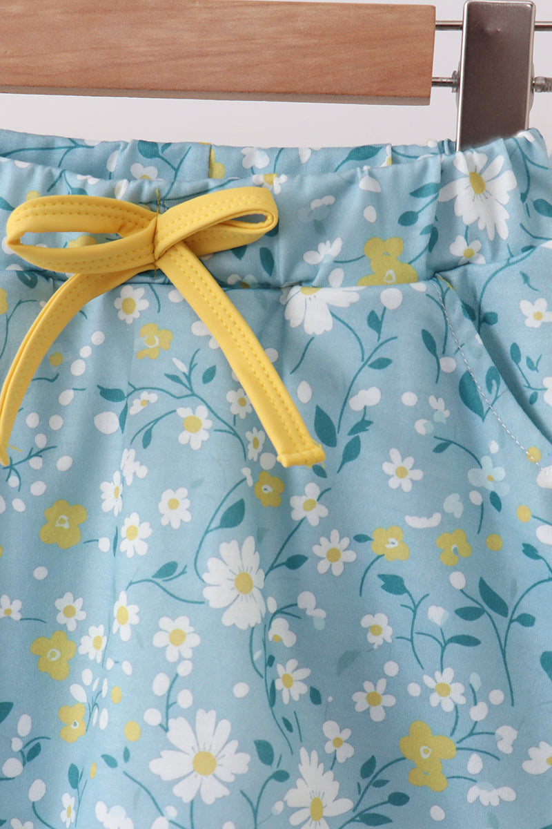 Mustard&green floral bow skorts set