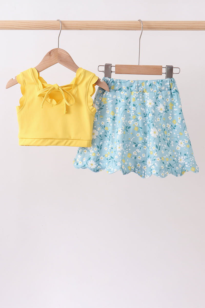 Mustard&green floral bow skorts set