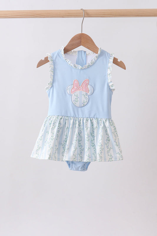 Blue character applique ruffle one-piece swimsuit