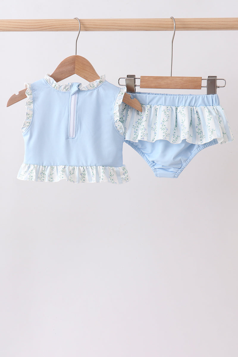 Blue character applique ruffle 2pc swimsuit