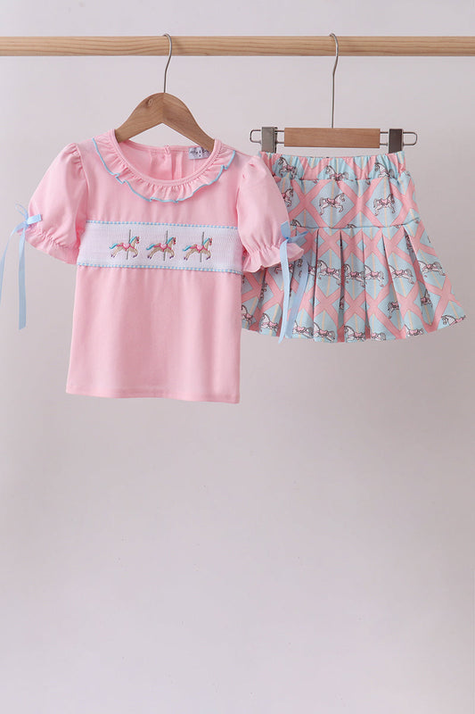 Pink carousel smocked ruffle skorts set