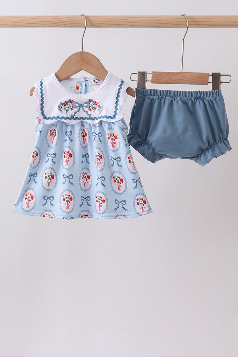 Blue strawberry bow embroidery bloomer set