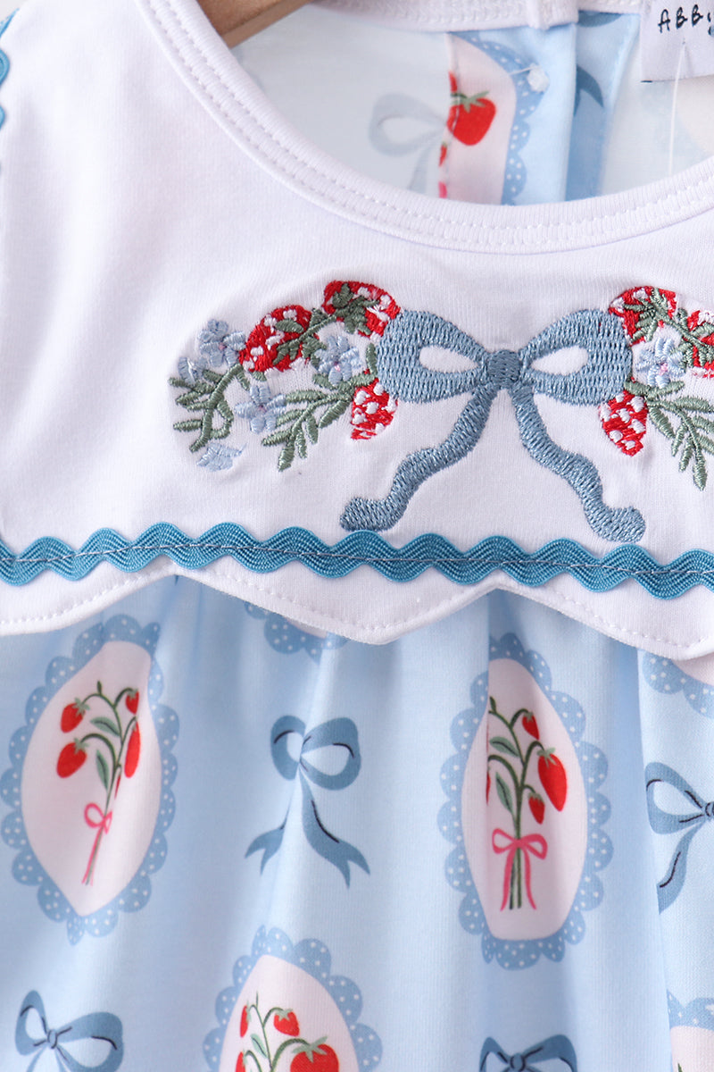 Blue strawberry bow embroidery bloomer set