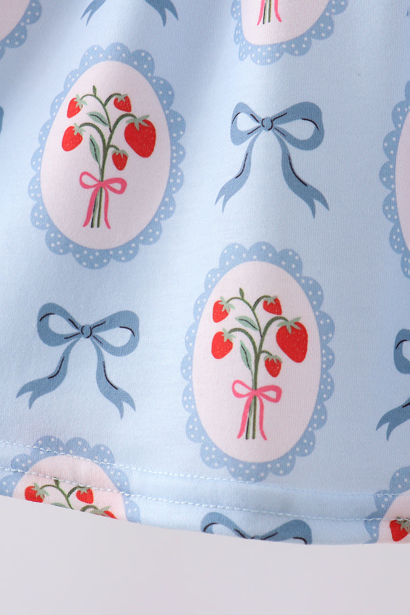Blue strawberry bow embroidery bloomer set