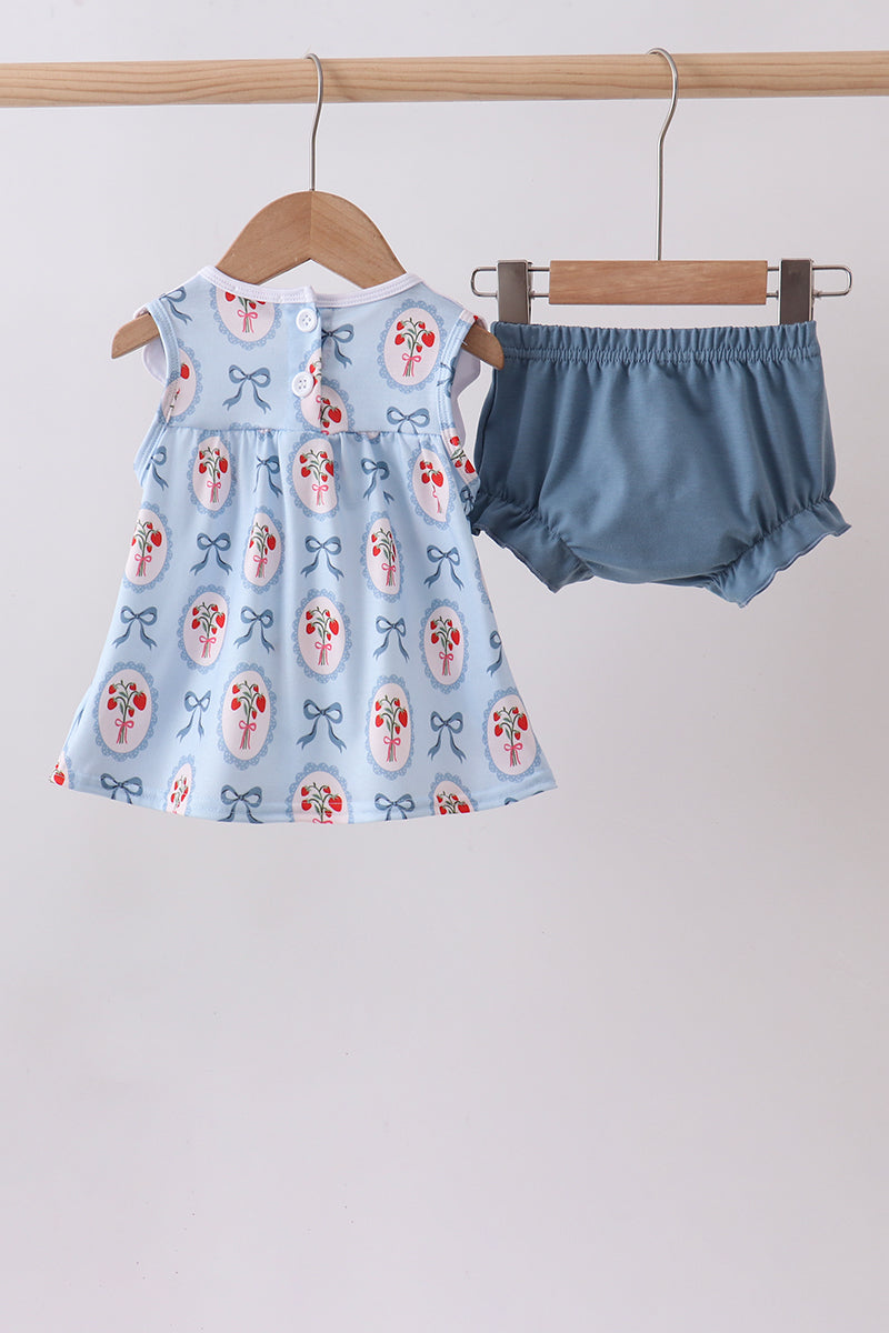 Blue strawberry bow embroidery bloomer set