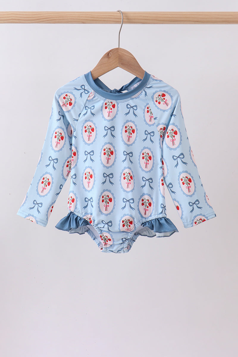 Blue strawberry bow ruffle rashguard