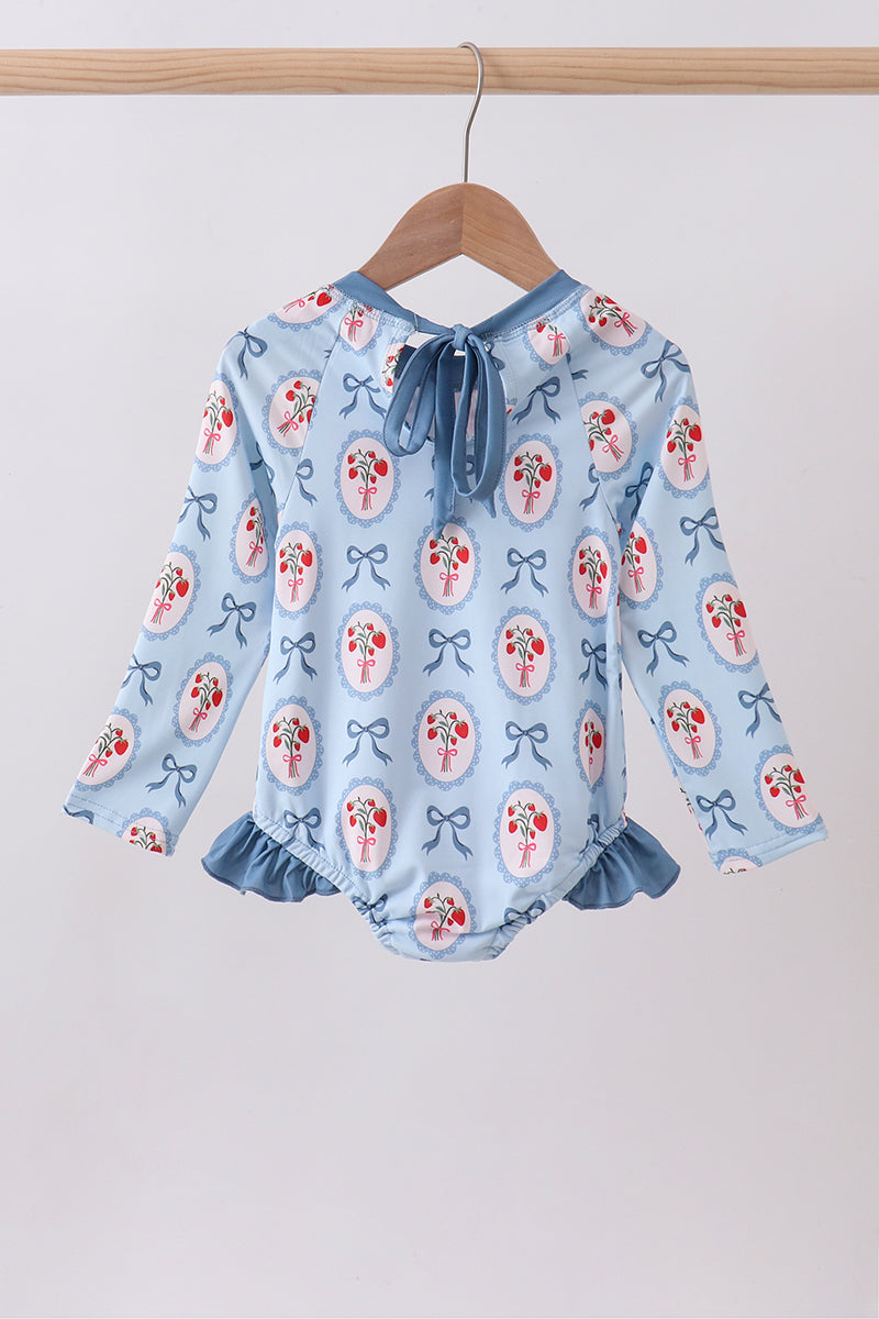 Blue strawberry bow ruffle rashguard