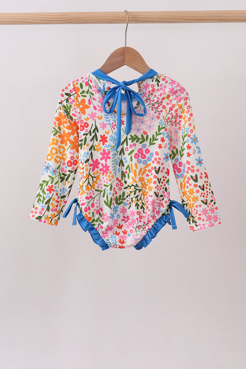 Summer floral print ruffle rashguard