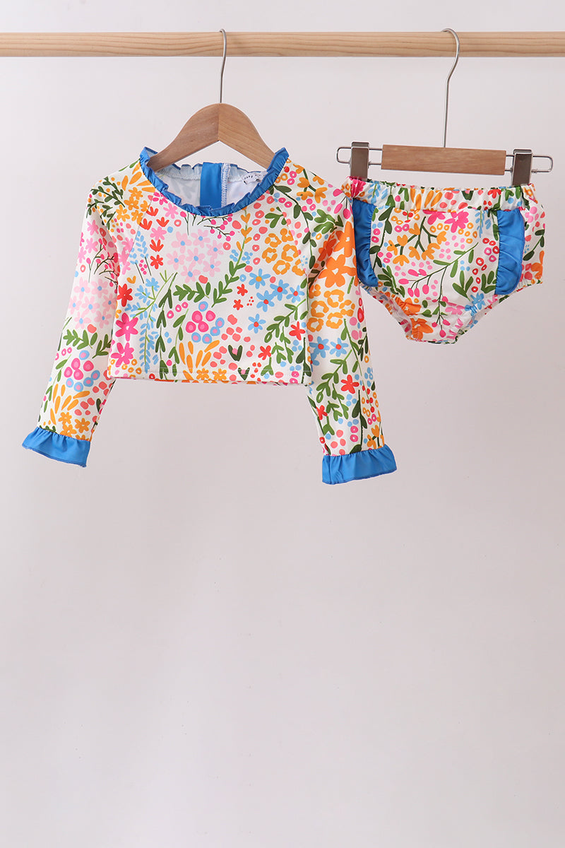 Summer floral print ruffle 2pc swimsuit