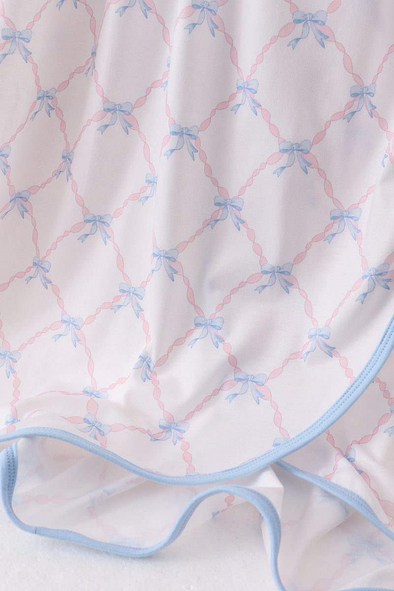 Blue bow ribbon print dress