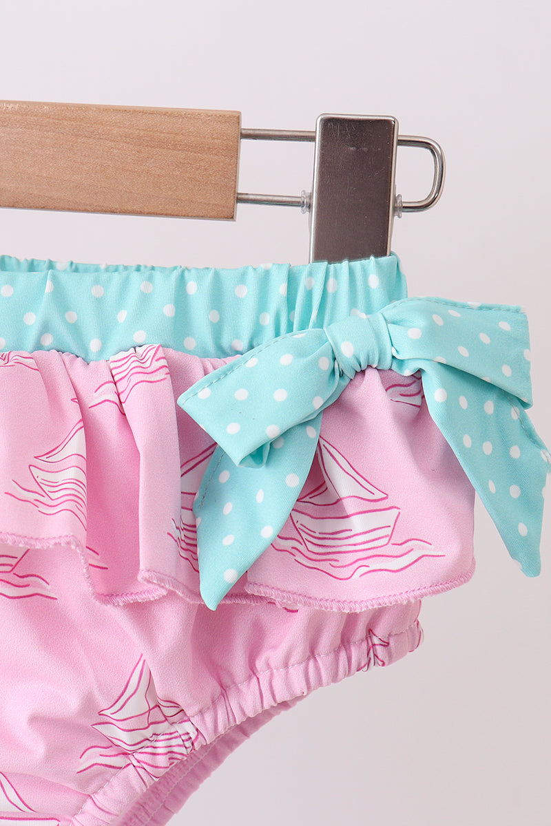 Pink sailboat print ruffle 2pc swimsuit