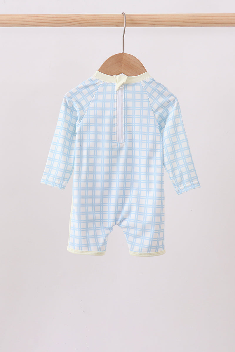 Blue crab applique plaid one-piece swimsuit