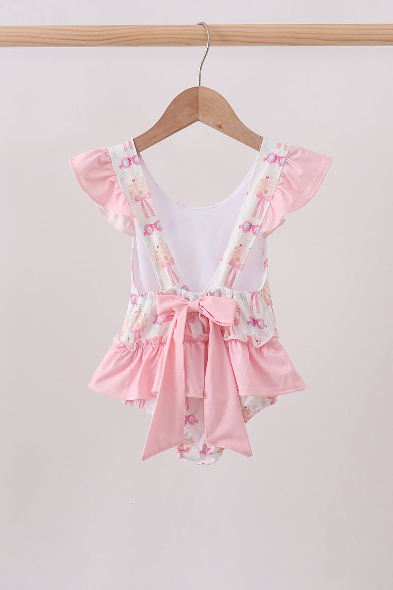 Pink bow castle ruffle one-piece swimsuit