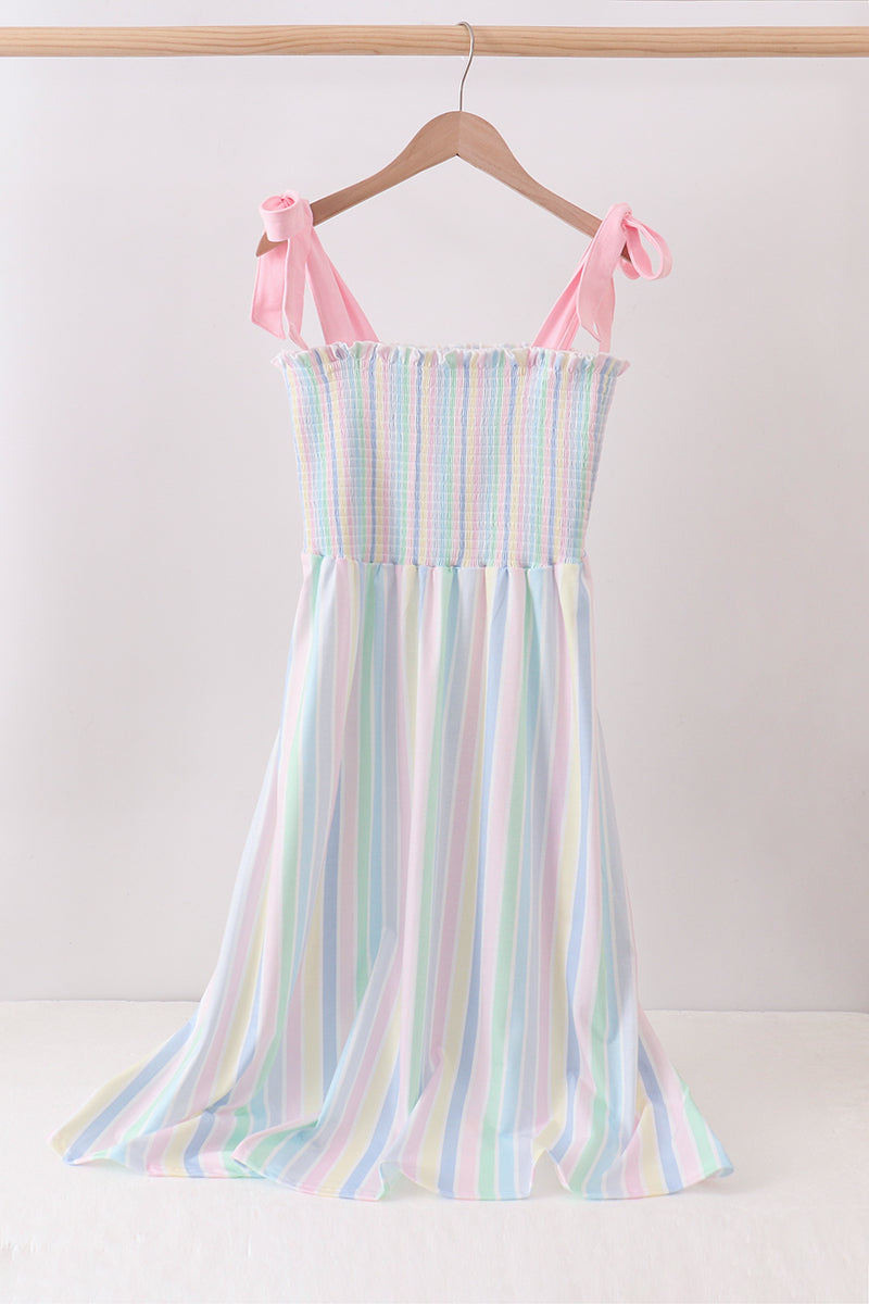 Rainbow stripe smocked dress