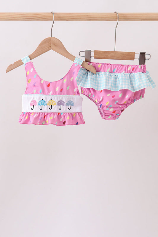 Hot Pink Umbrella Embroidered UPF Swim Set