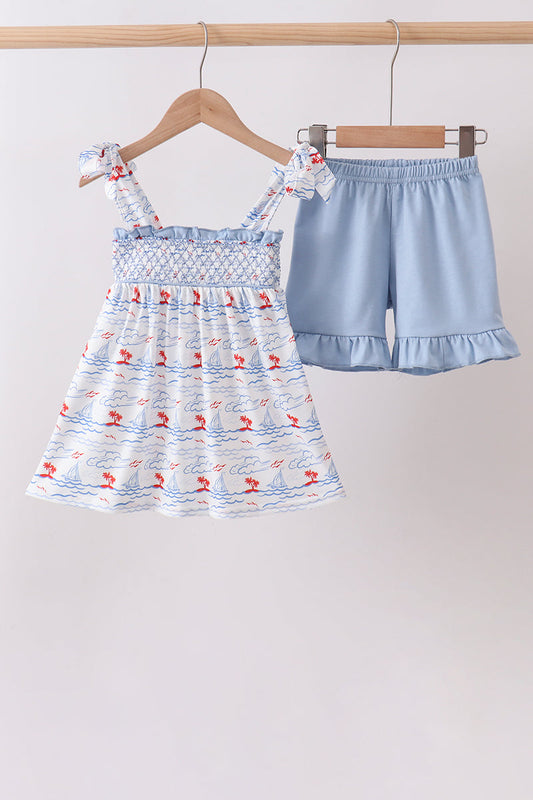 Blue Sailboat Smocked Set