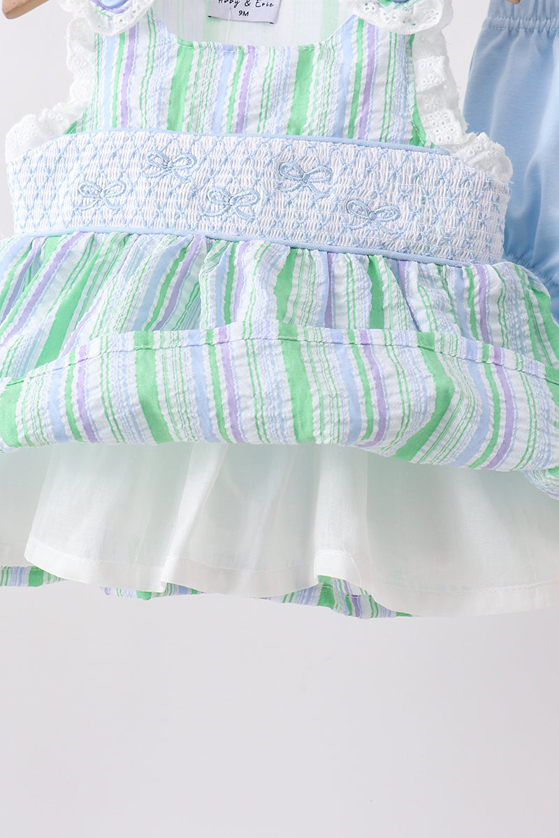 Green Stripe Smocked Bow Seersucker Bloomer Set