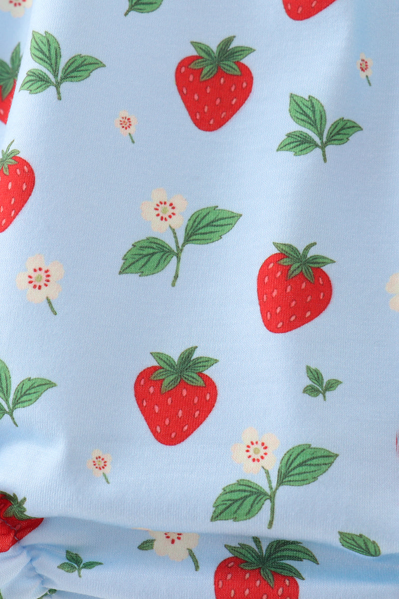 Blue Strawberry Embroidered Ruffle Bow Bubble