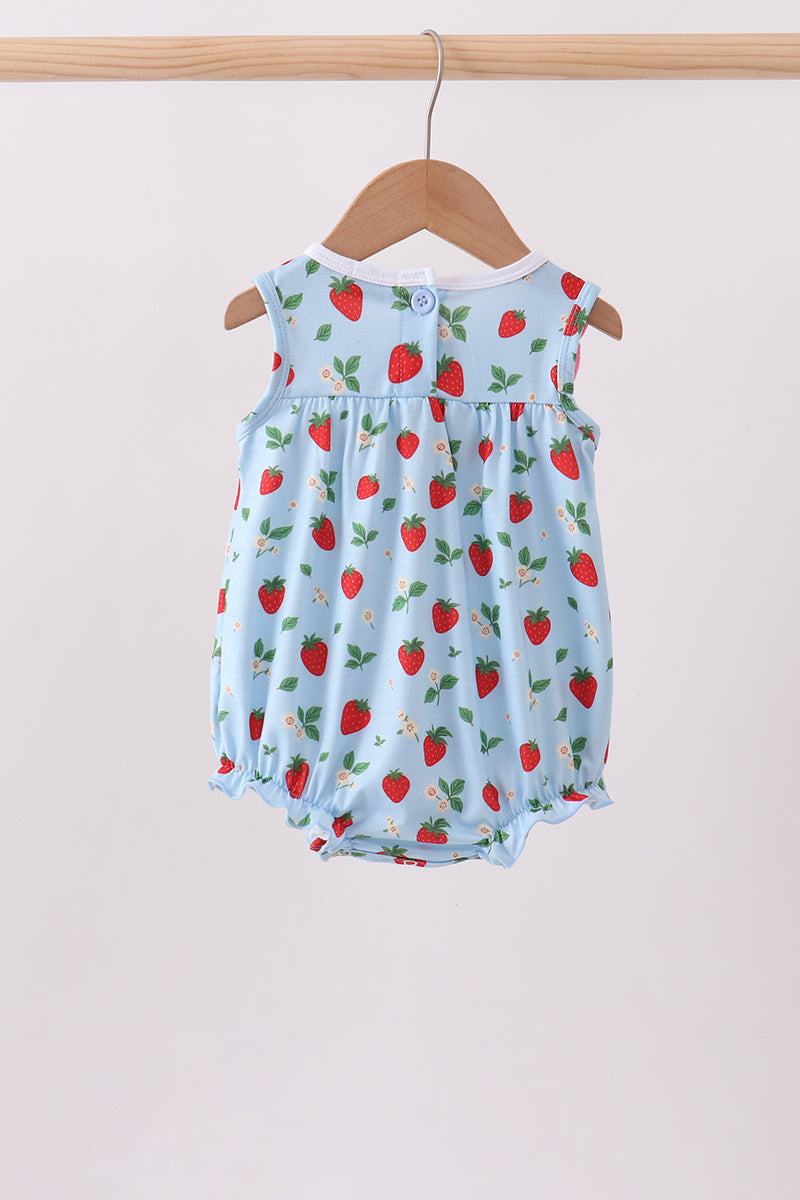 Blue Strawberry Embroidered Ruffle Bow Bubble