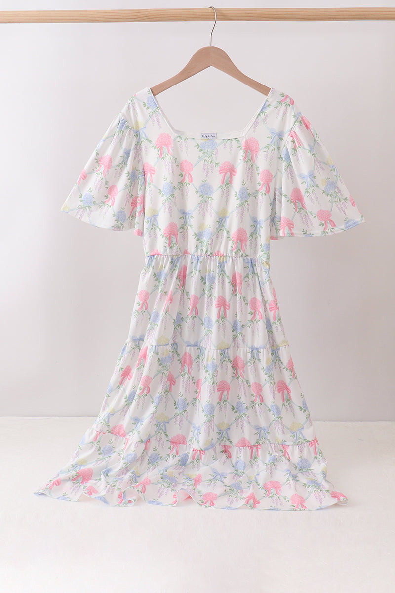 Blue Hydrangea Bow Women Dress