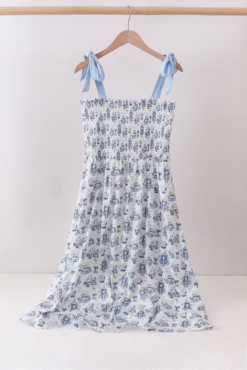 Blue Beach Smocked Women Dress