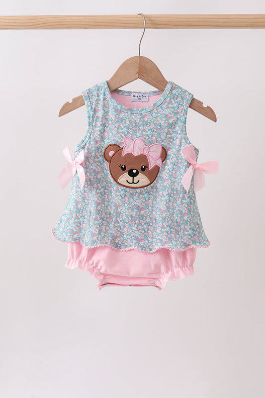 Green Bear Floral Applique Bubble