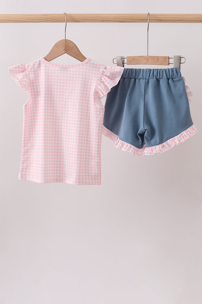 Pink Apple Plaid Embroidered Set