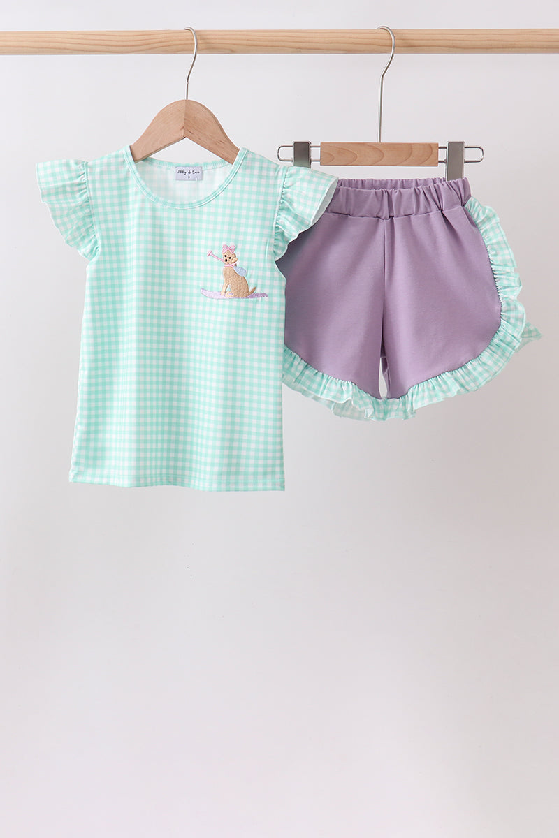 Mint Puppy Plaid Embroidered Set
