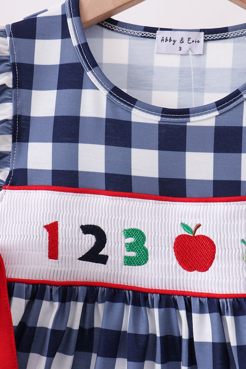Navy Apple Smocked Gingham Dress