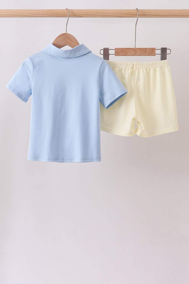 Blue Colorblock Pocket Shorts Set