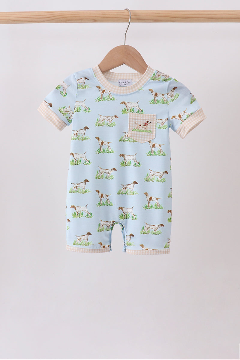 Blue Puppy Embroidered Pocket Romper