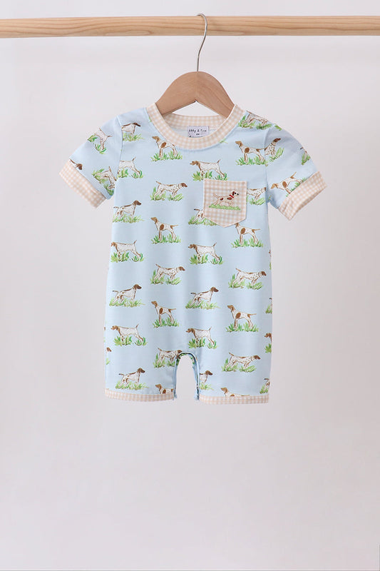 Blue Puppy Embroidered Pocket Romper