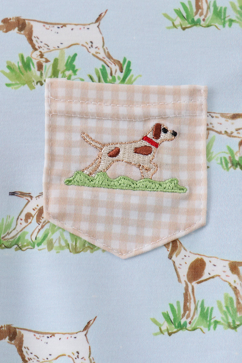 Blue Puppy Embroidered Pocket Romper