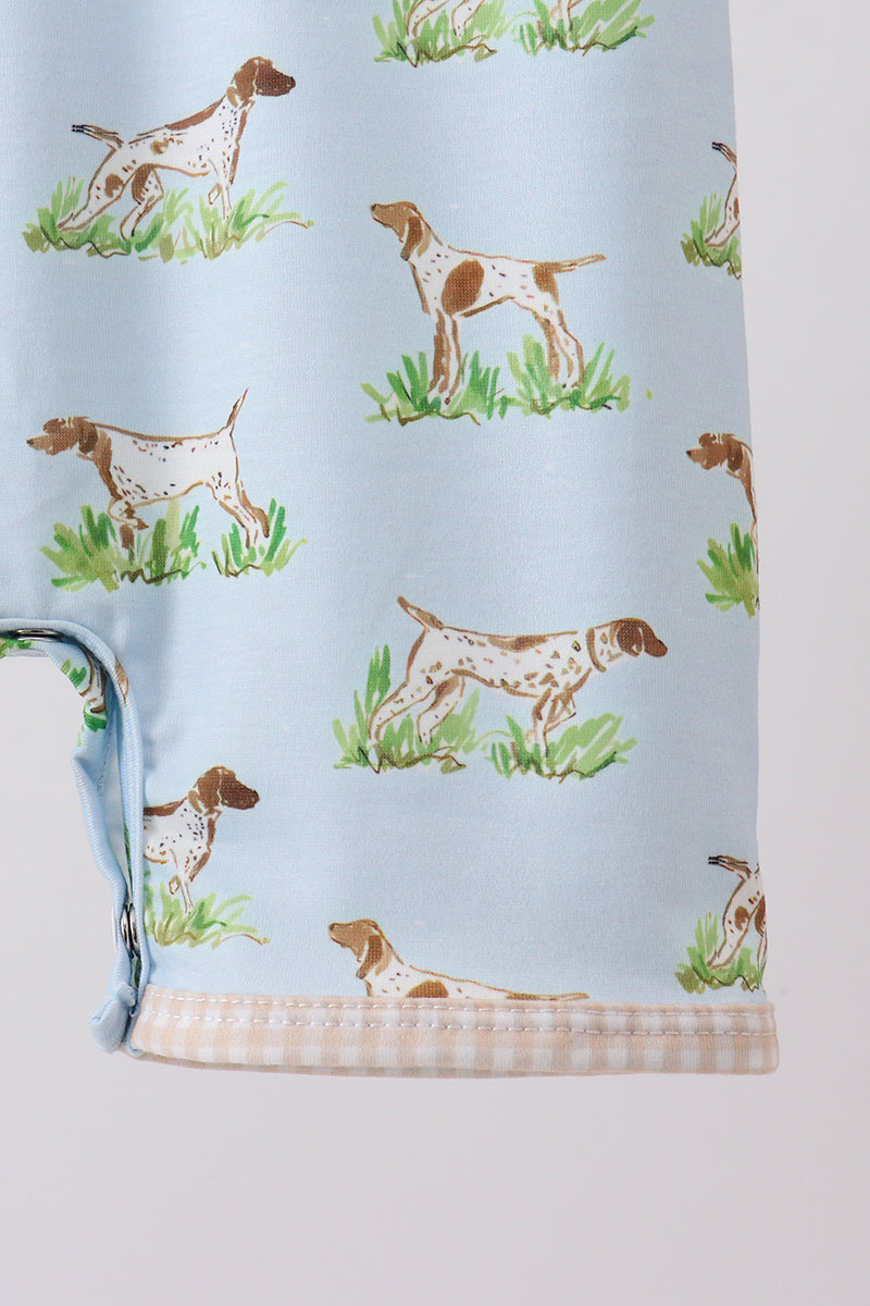 Blue Puppy Embroidered Pocket Romper