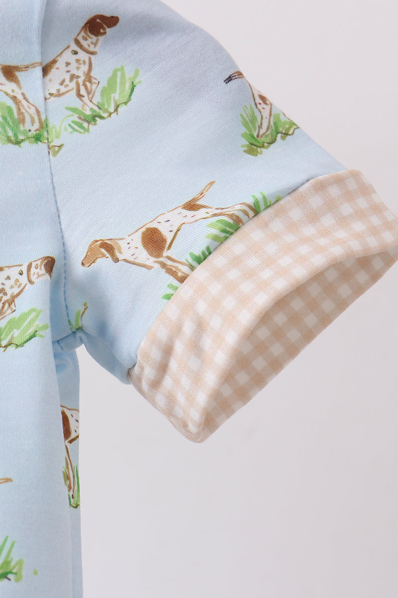 Blue Puppy Embroidered Pocket Romper