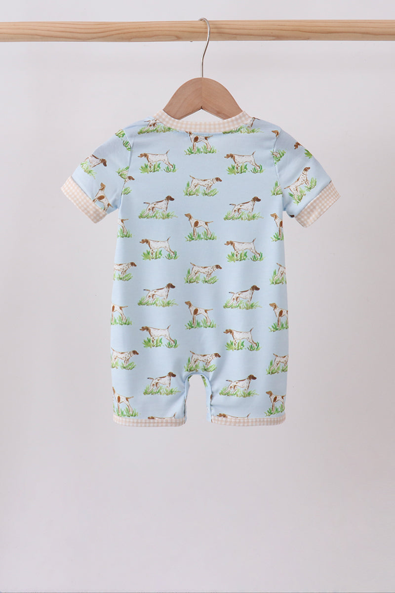 Blue Puppy Embroidered Pocket Romper