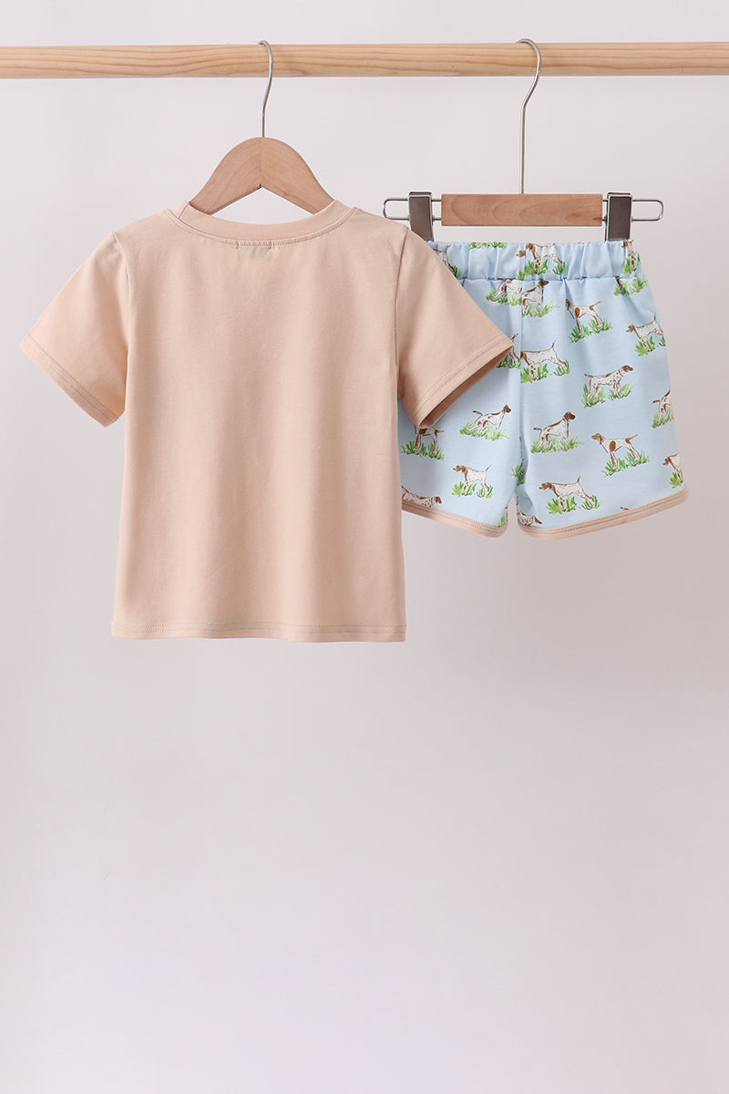 Khaki Puppy Embroidered Shorts Set