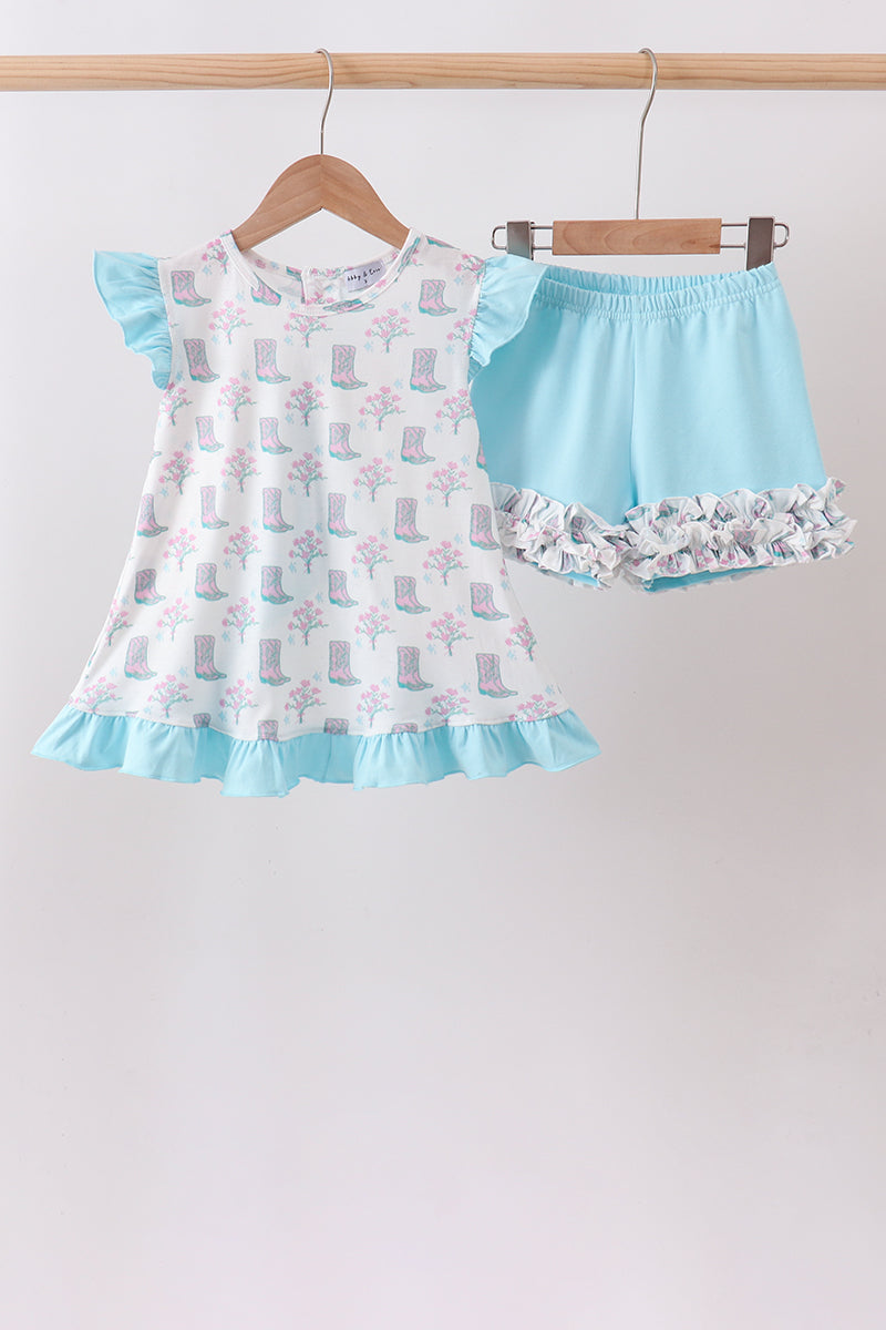 Blue Boots Ruffle Shorts Set