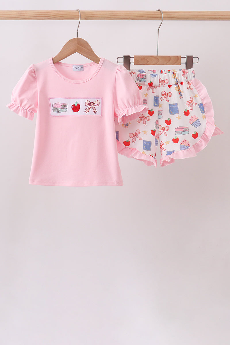 Pink Apple Embroidered Ruffle Set