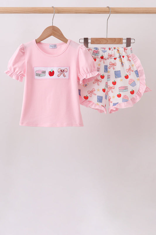 Pink Apple Embroidered Ruffle Set