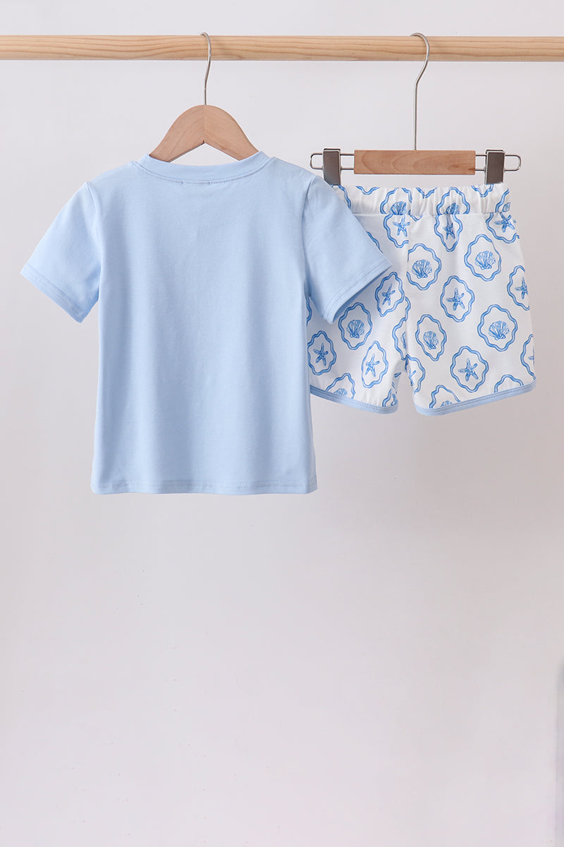 Blue Shells Embroidered Shorts Set