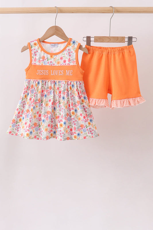 Coral Jesus Loves me Embroidered Floral Shorts Set