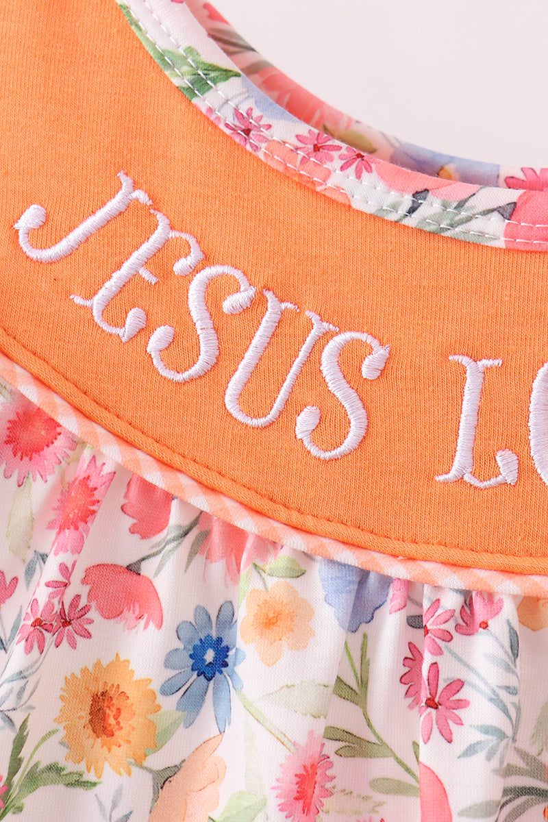 Coral Jesus Loves me Embroidered Floral Ruffle Dress