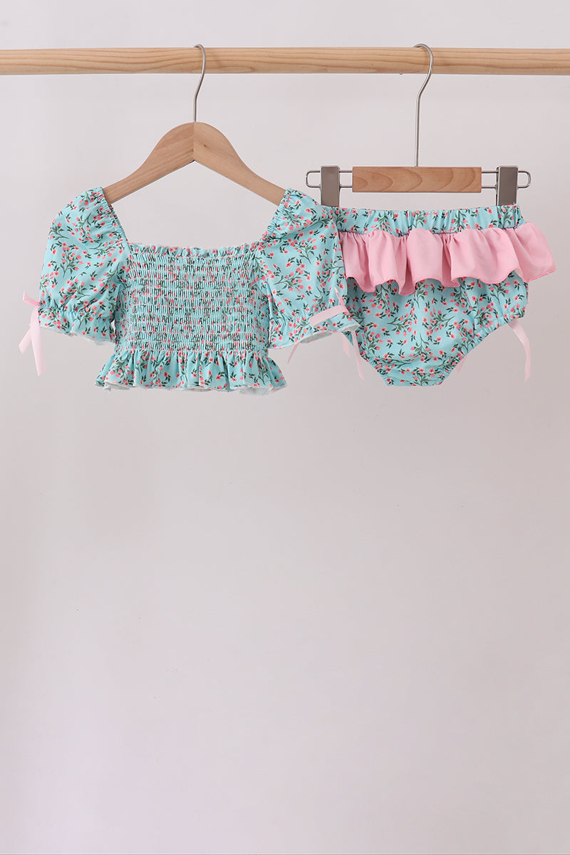 Green Floral Smocked Swimsuit